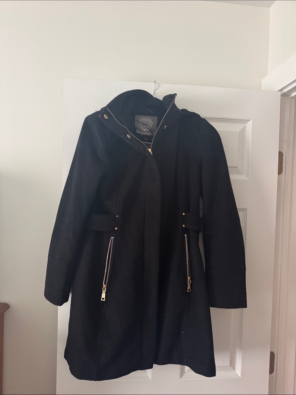 Vince Camuto Black Hooded  Coat with Gold Zipper Details